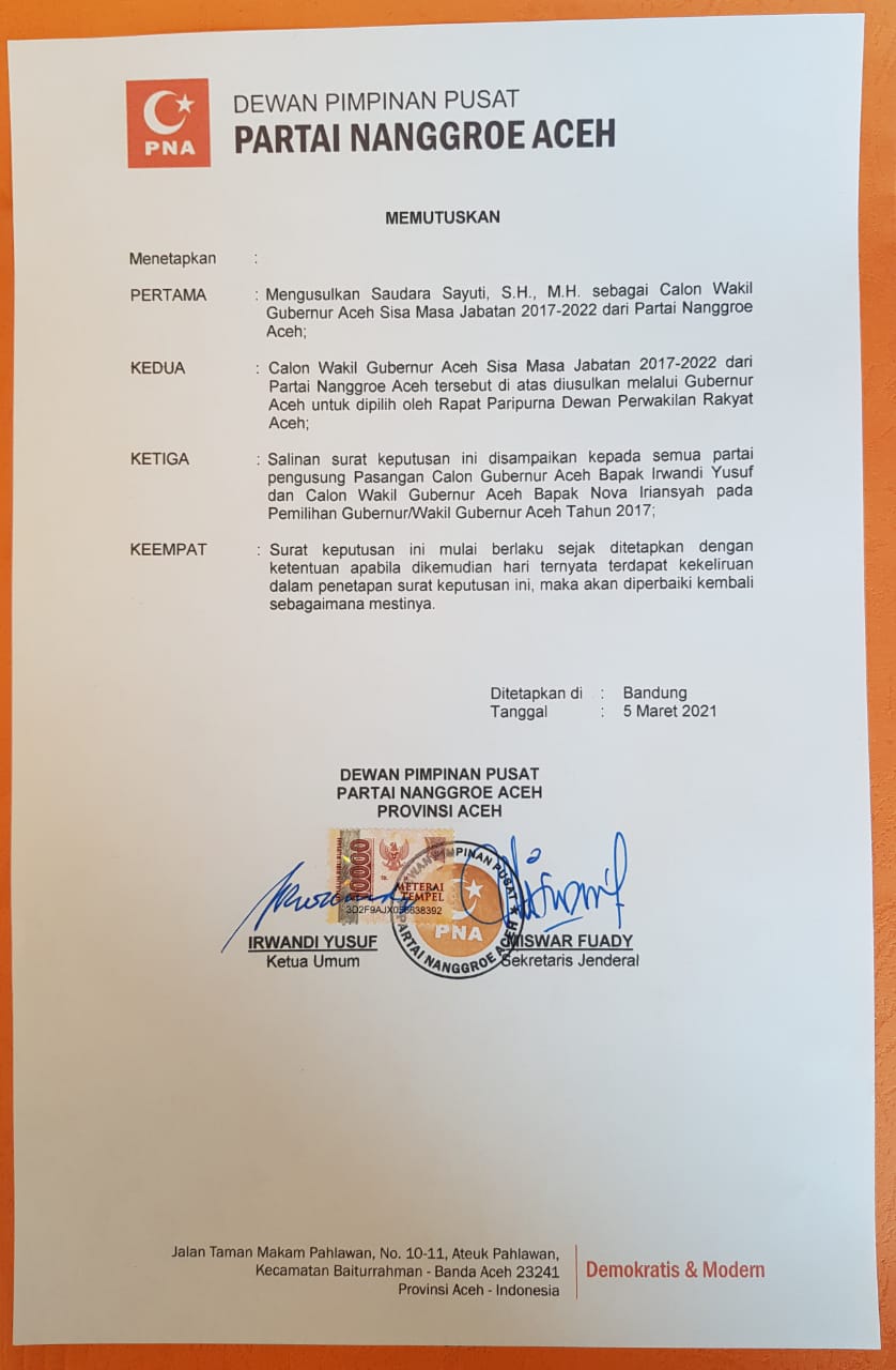 PNA Resmi Usulkan Sayuti sebagai Cawagub Aceh Sisa Masa Jabatan 2017-2022